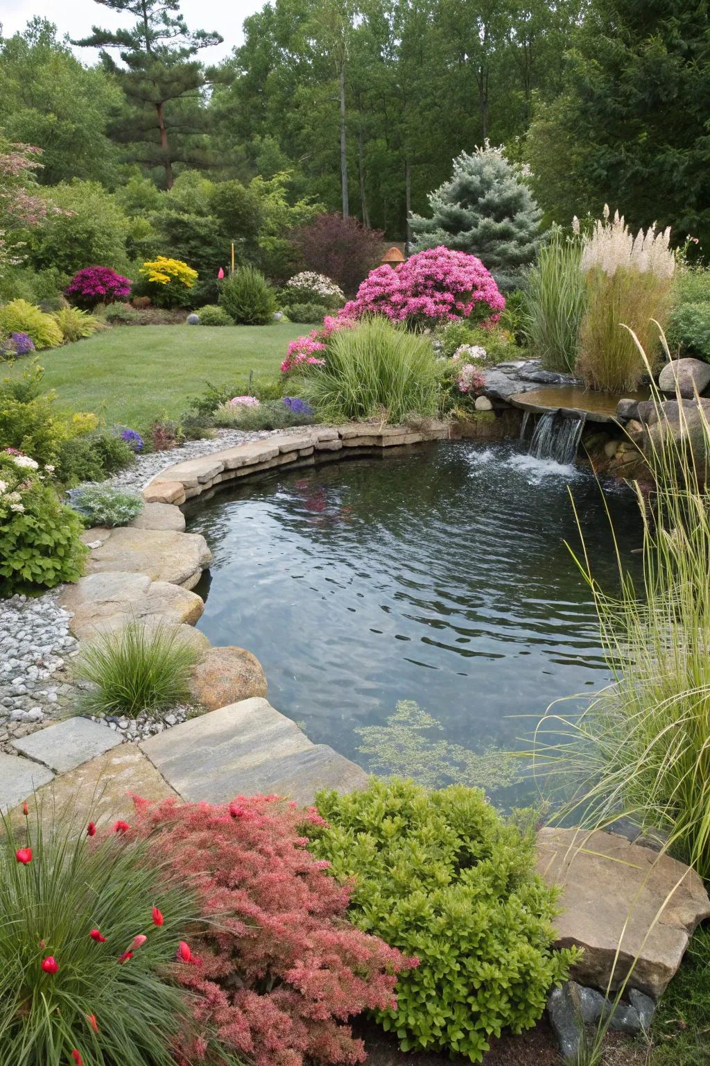 A backyard pond enveloped by lush and diverse landscaping.