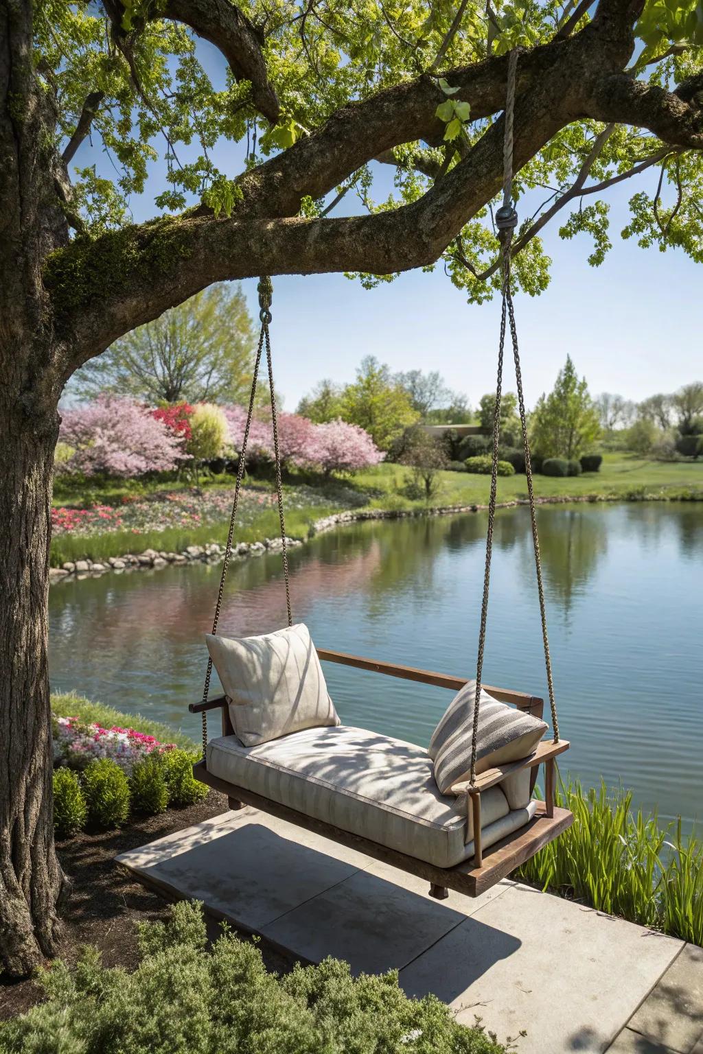 A garden swing appends allure and relaxation to the pond setting.