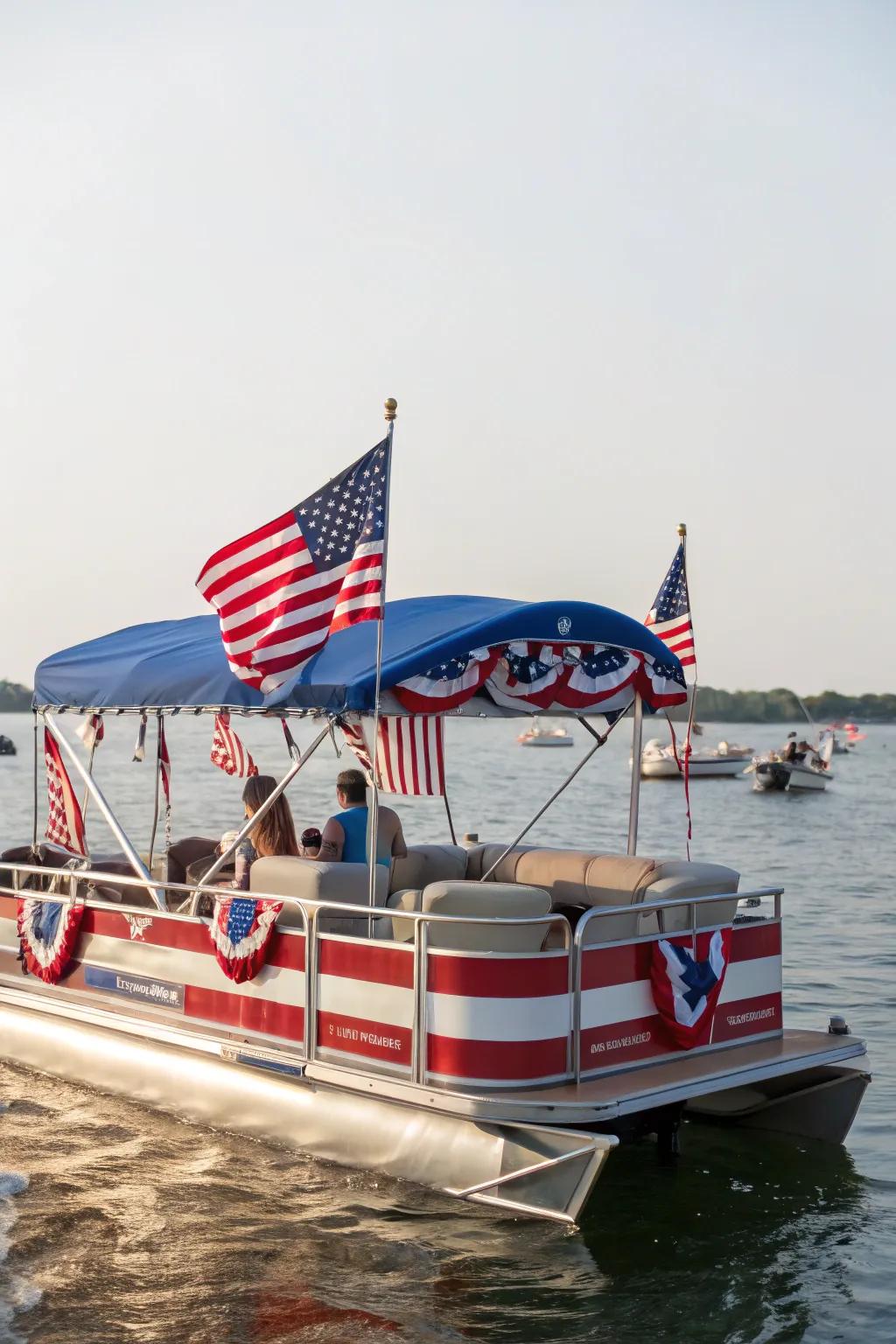 A pontoon boat with a loyal theme, embellished with standards and national shades.