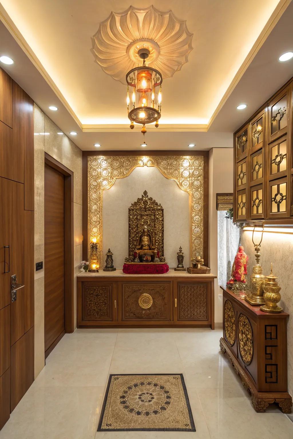 Inviting colors and golden highlights for a welcoming and sacred pooja space.