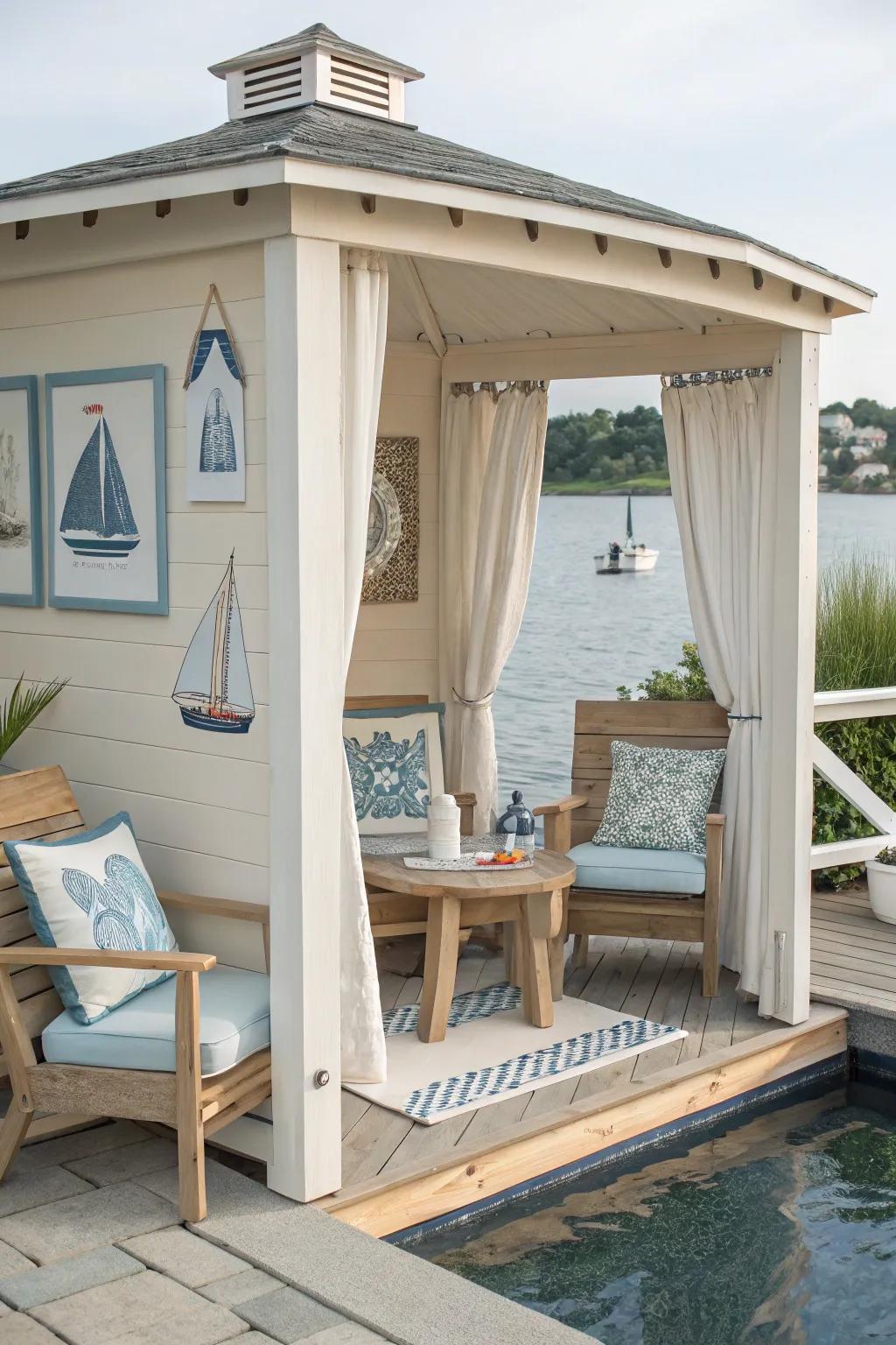 A seaside cabana with nautical decor and pale timber features.