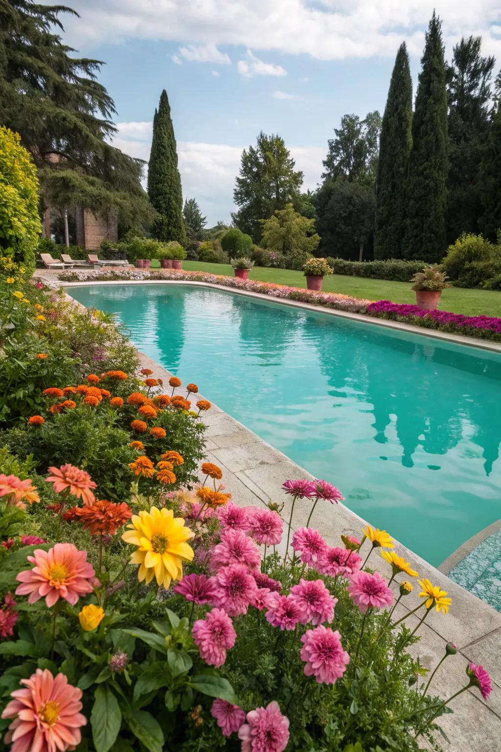 Turquoise tiles contribute a lively and invigorating splash to any pool.