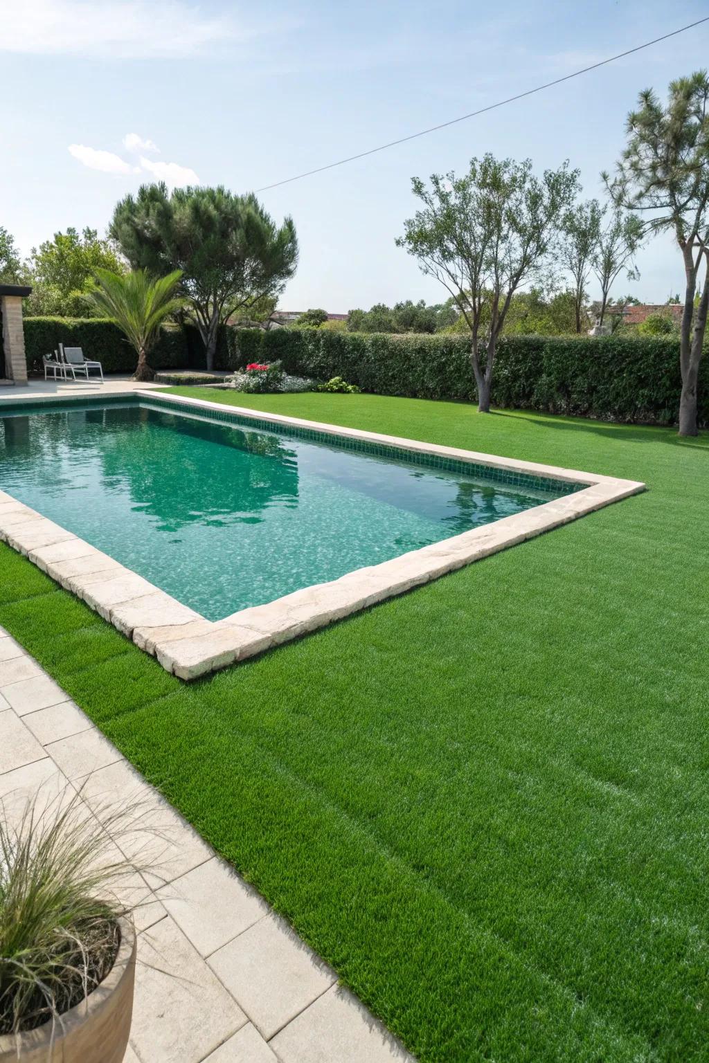 Synthetic green offers a low-maintenance verdant option for pool platforms.