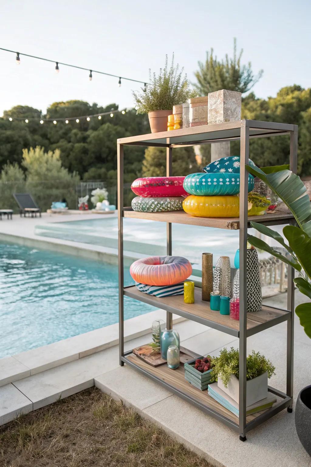 Shelves functioning simultaneously as decorative and utilitarian storage for pool floats.