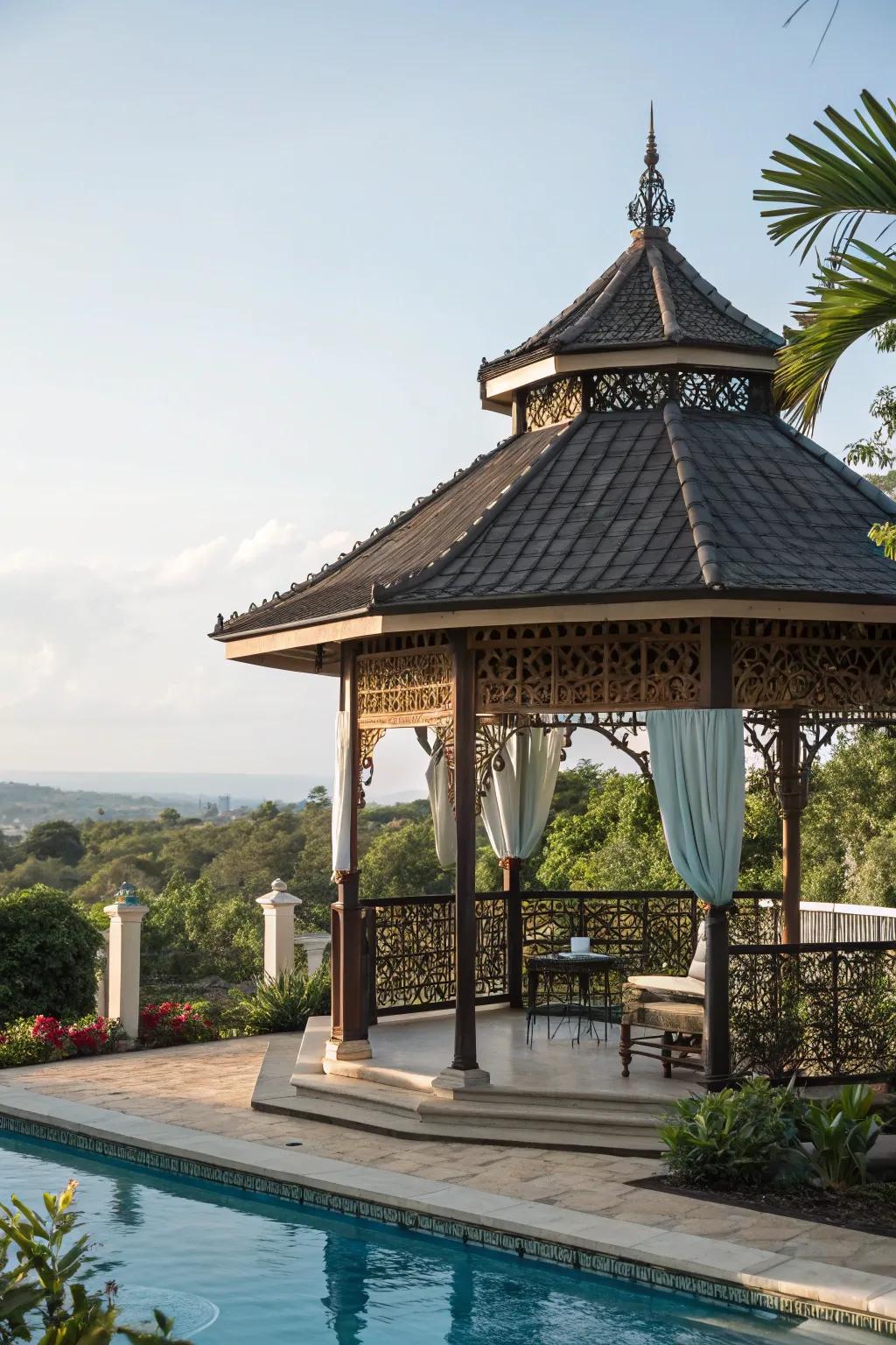 A stylish roof adds architectural flair to the poolside gazebo.