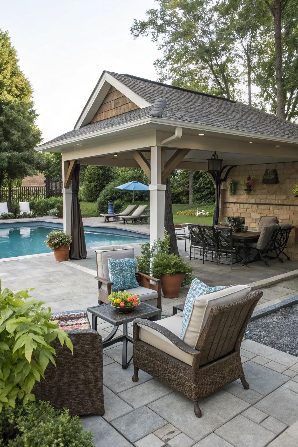 A functional pool house featuring shaded patios and lounge areas.