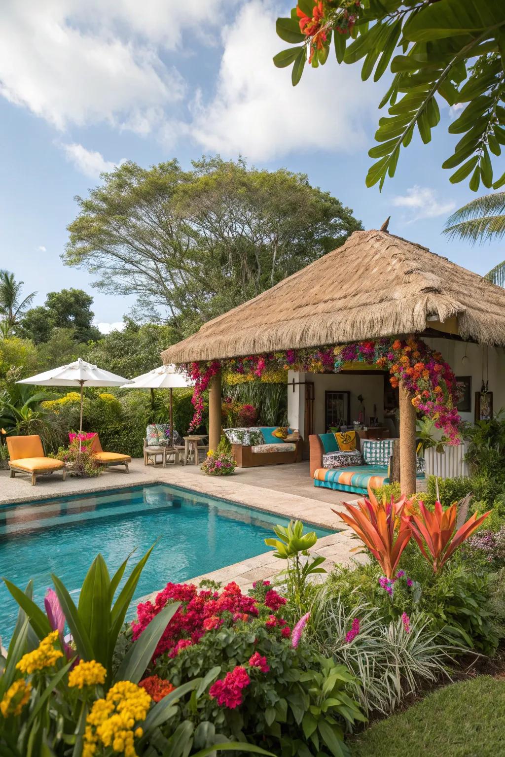Transform your pool house into a tropical paradise filled with lively greenery