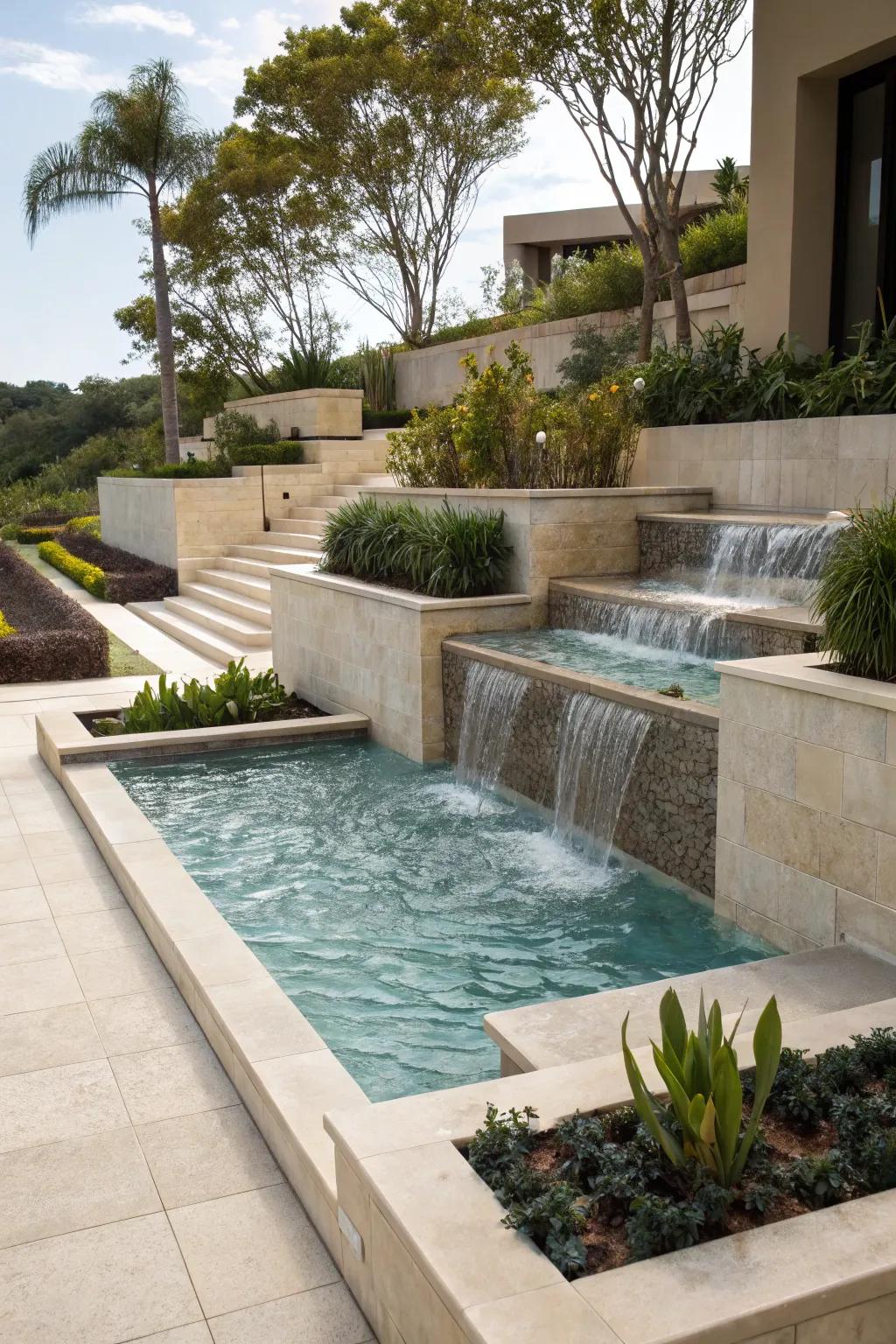 Tiered pools provide vibrant design and visual appeal.