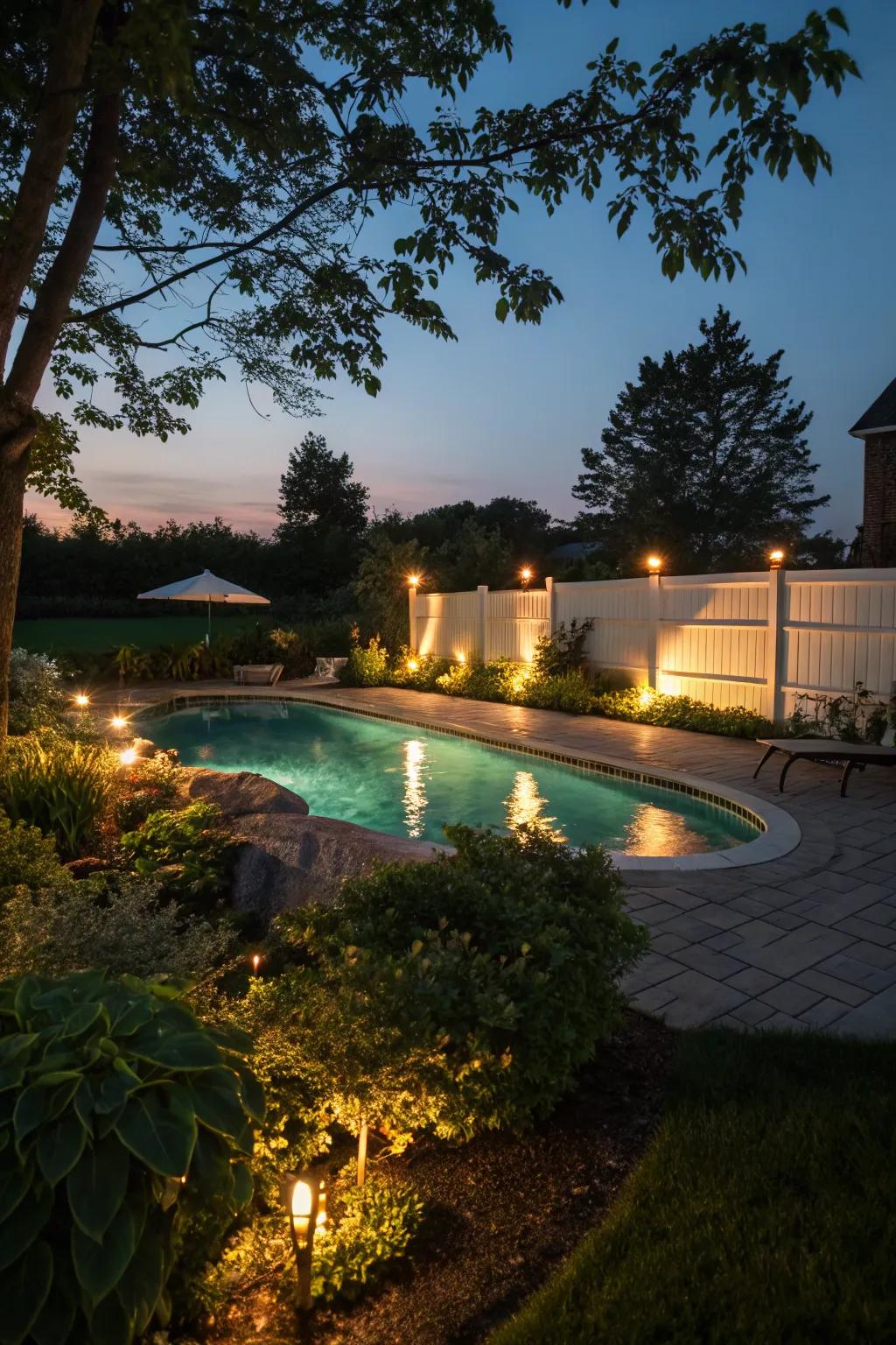 Ambient lighting transforms your pool area into an enchanting evening retreat.