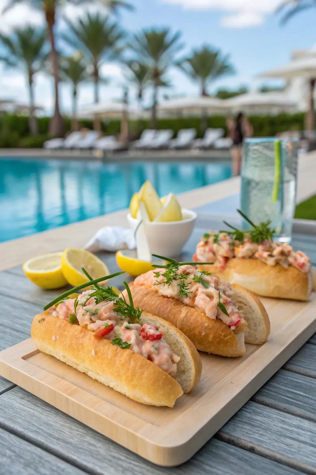Indulge in mini seafood rolls for a luxurious poolside treat.