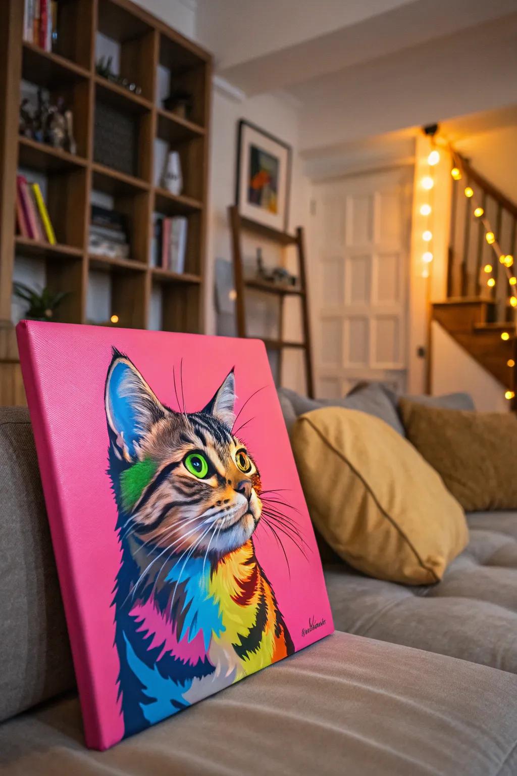 A playful pop art illustration of a cat with a bright background.