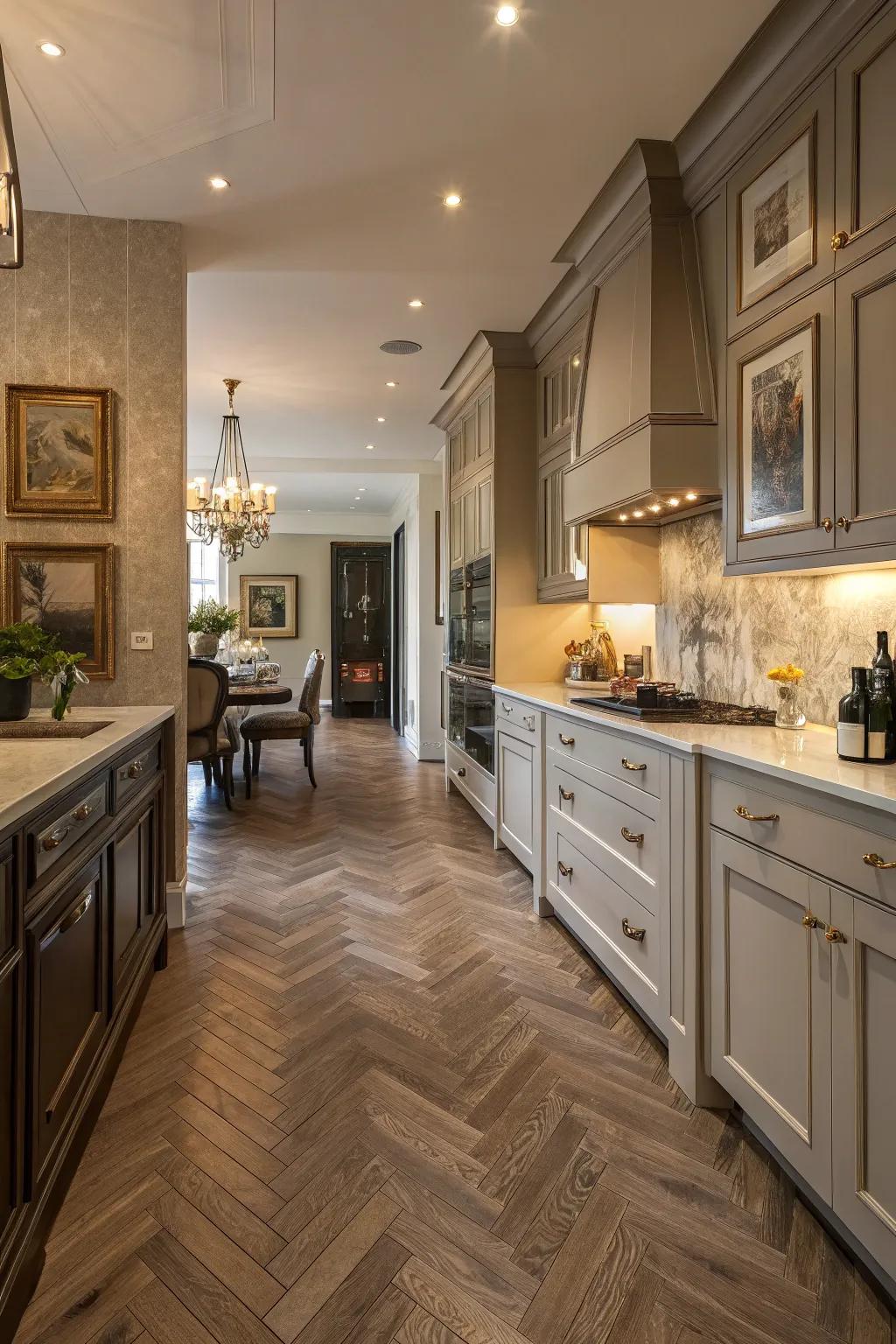 Chevron arrangements infuse kitchen floors with sophistication and aesthetic intrigue.