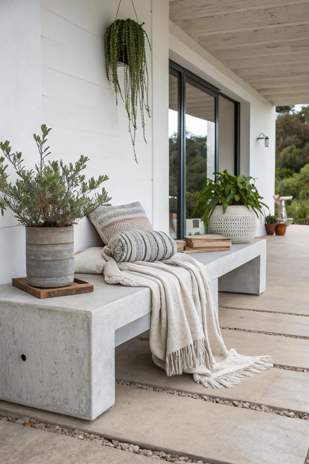 A stone bench instills modern minimalism onto the porch.