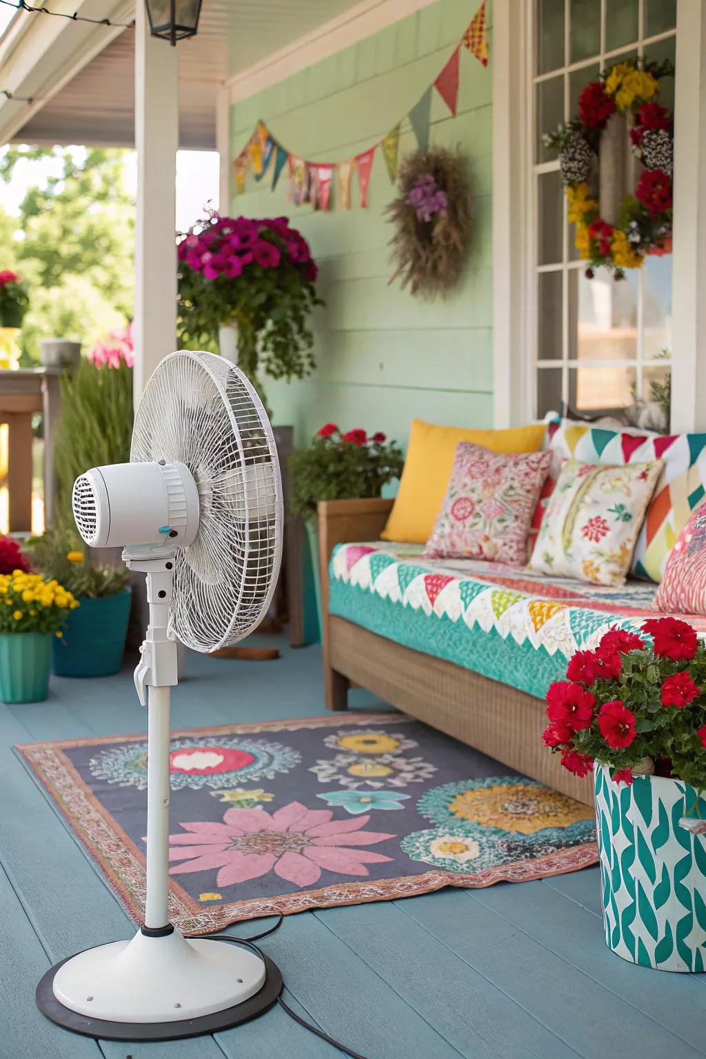A portable standing air mover provides flexible cooling on this lively porch.