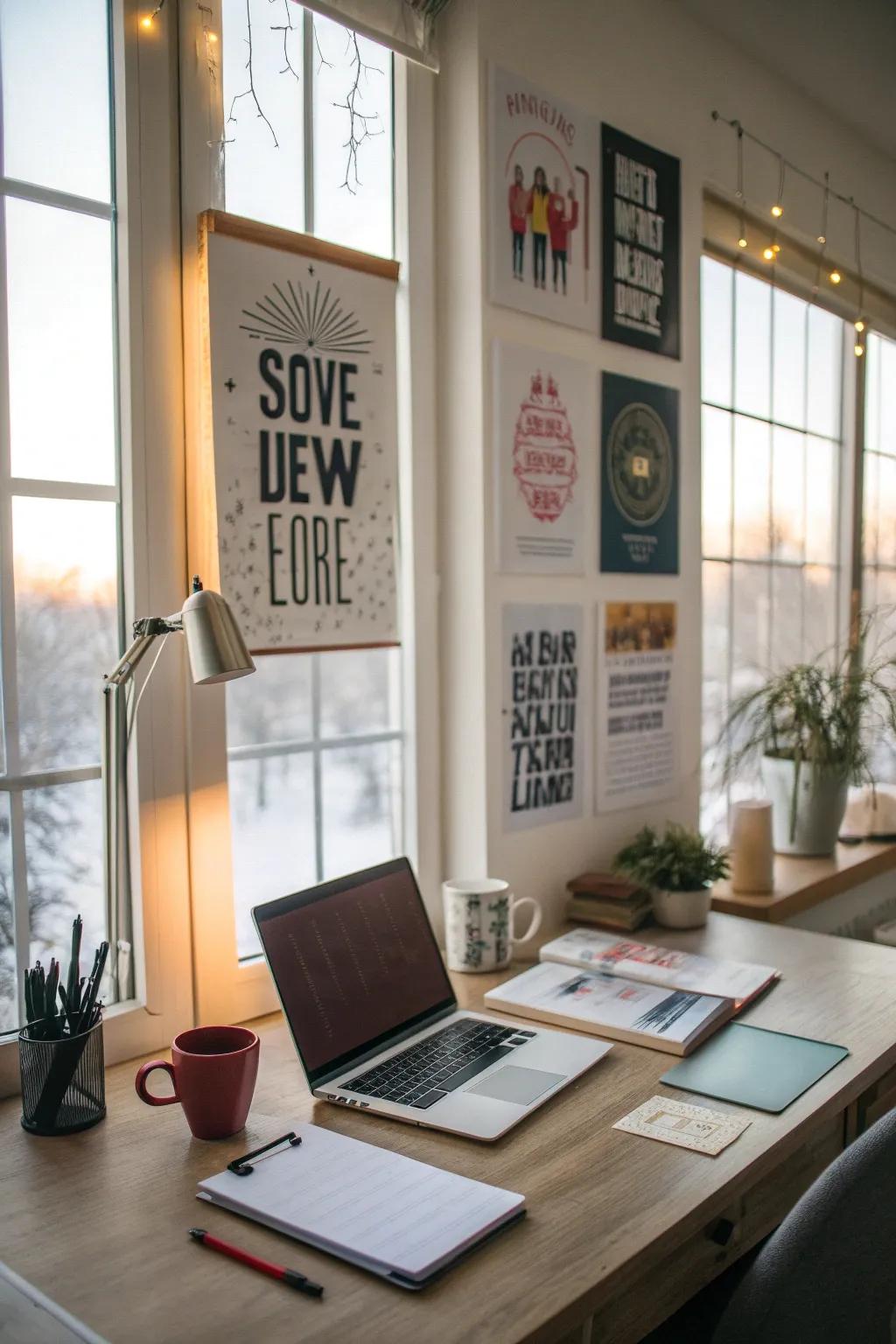 A home office featuring posters with inspiring quotes on the wall.