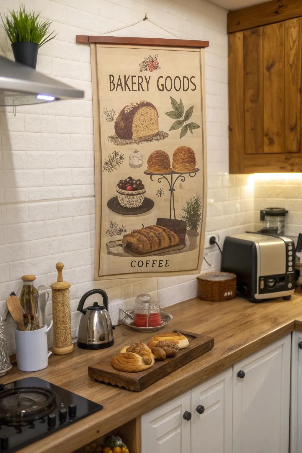 Cuisine-inspired posters introduce zest to cooking areas.