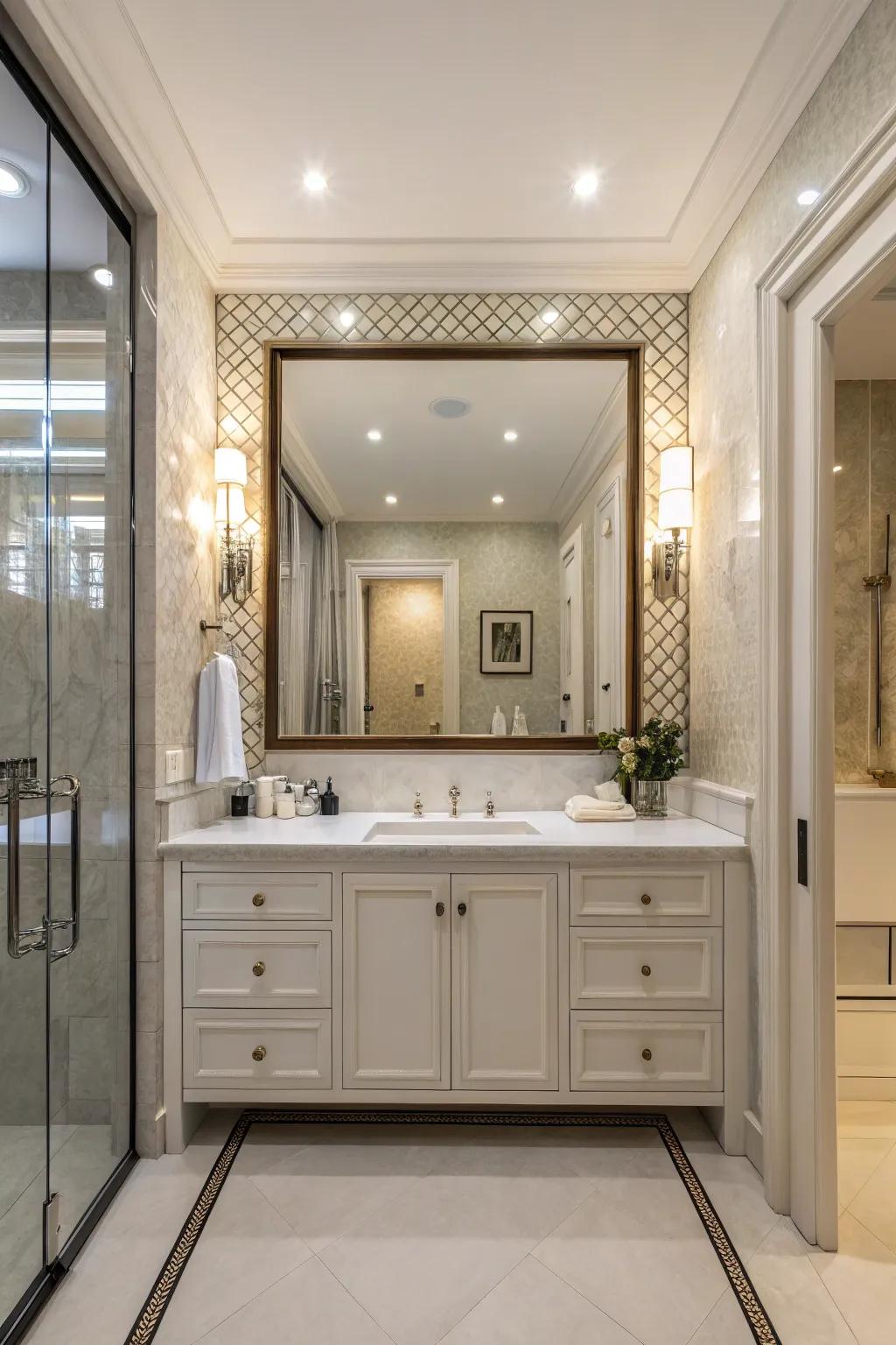 A powder room showcasing a large mirror that introduces sophistication and depth.