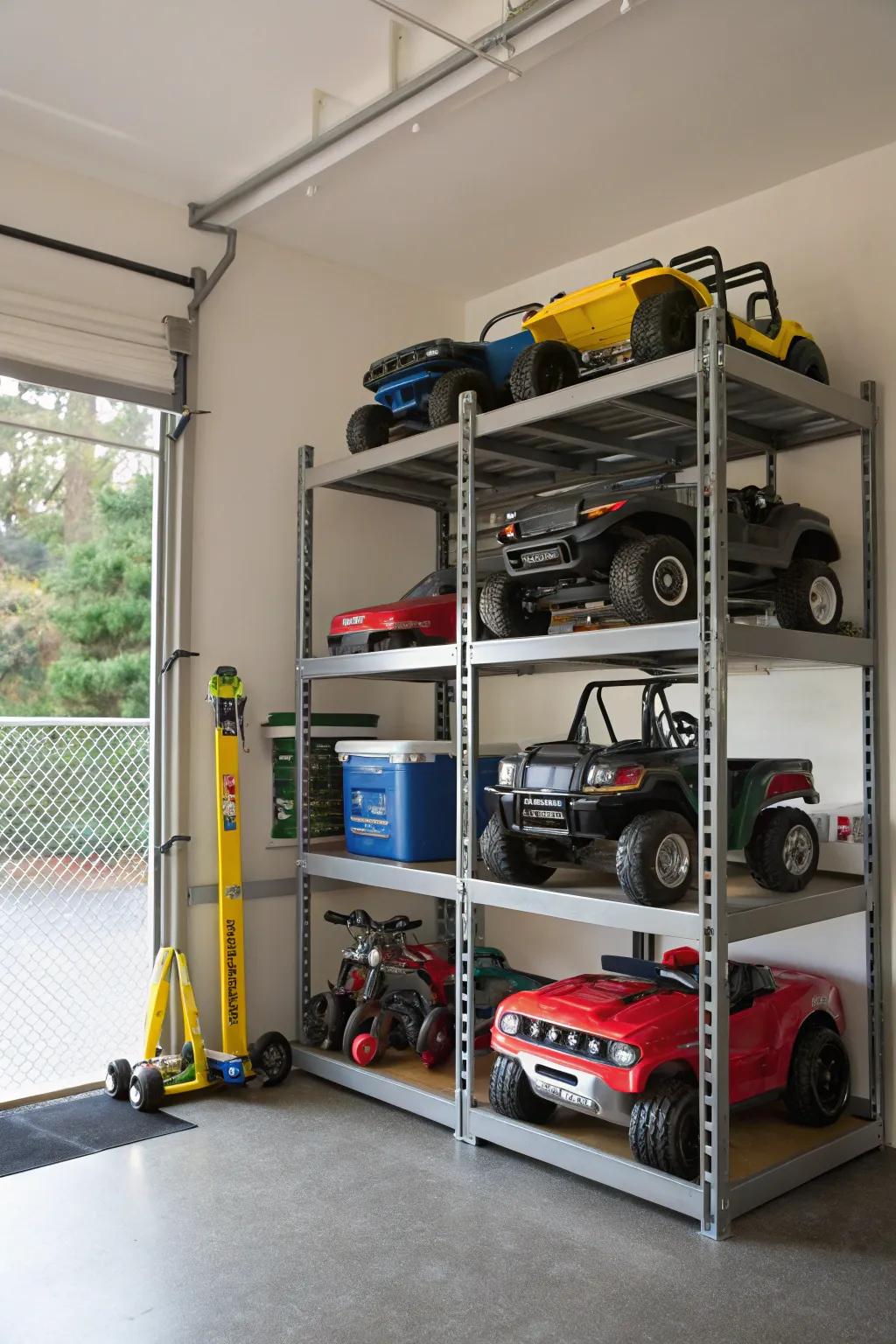 Multi-tier racks using vertical storage for ride-on toys.