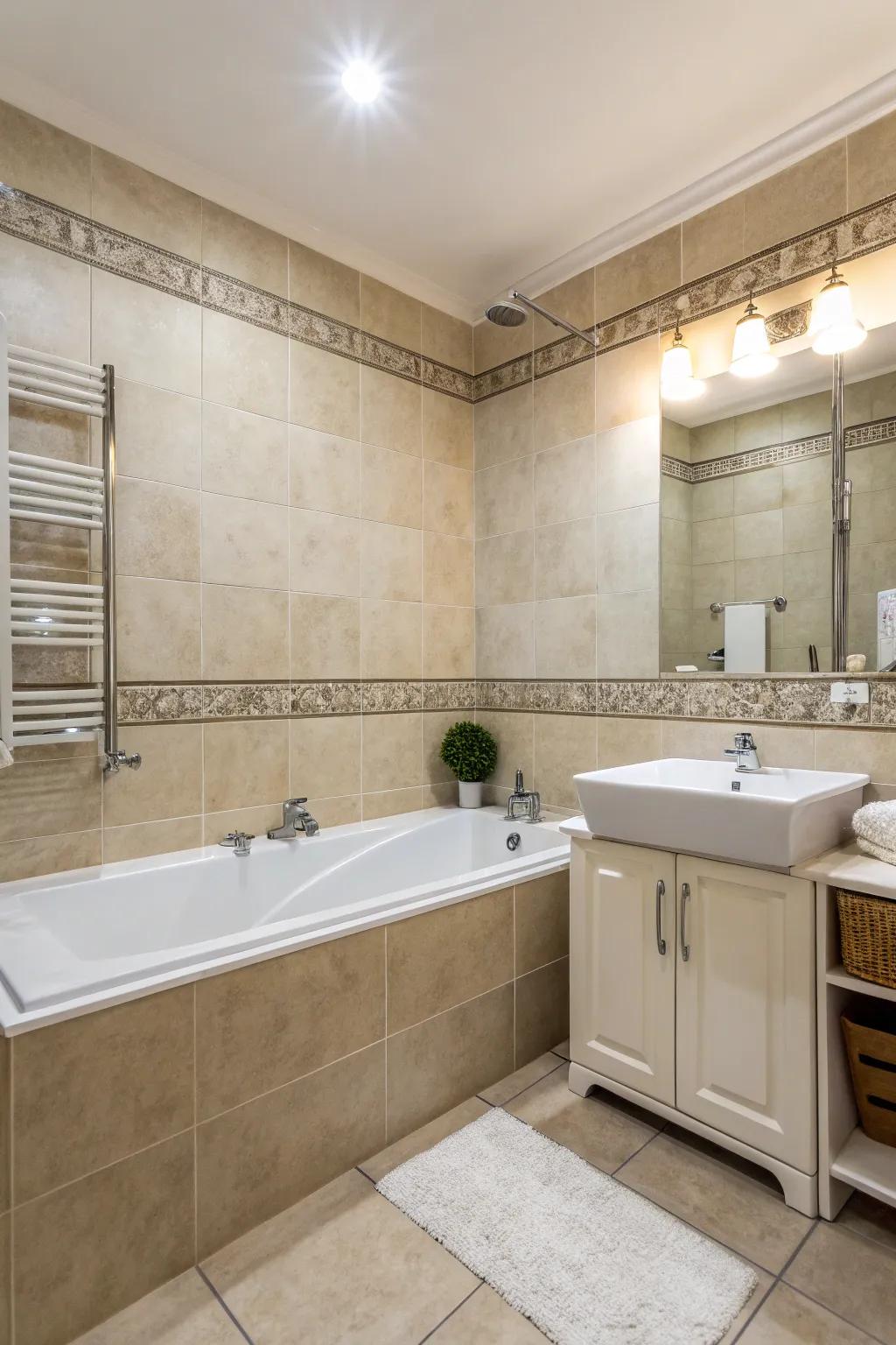 Pale shades provide a composed and classic bathroom setting.