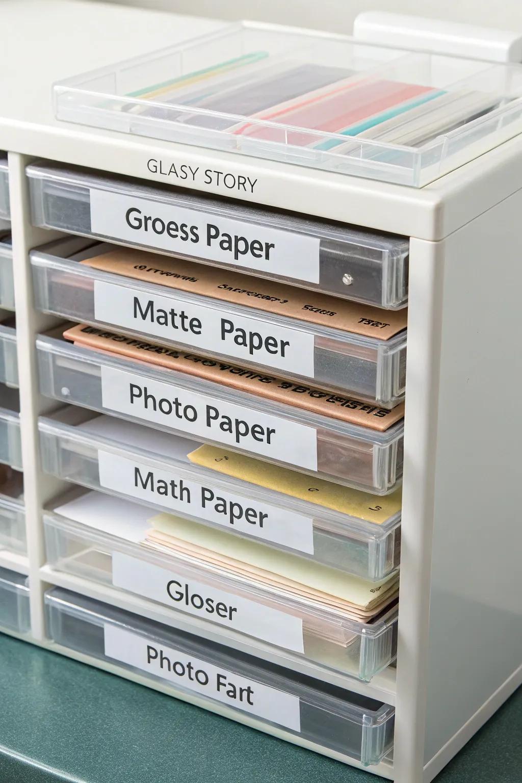 Storage compartments with labels for efficient paper organization.