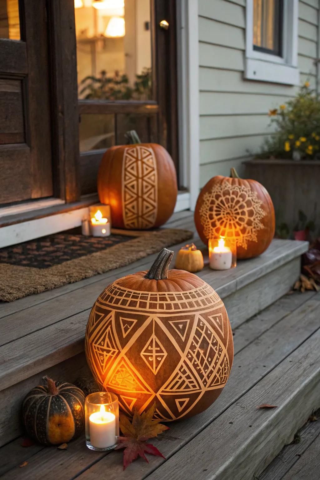 Elaborately carved pumpkins featuring radiant patterns.
