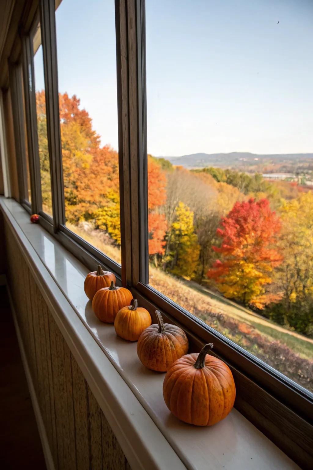 A charming window sill adorned with small pumpkins.