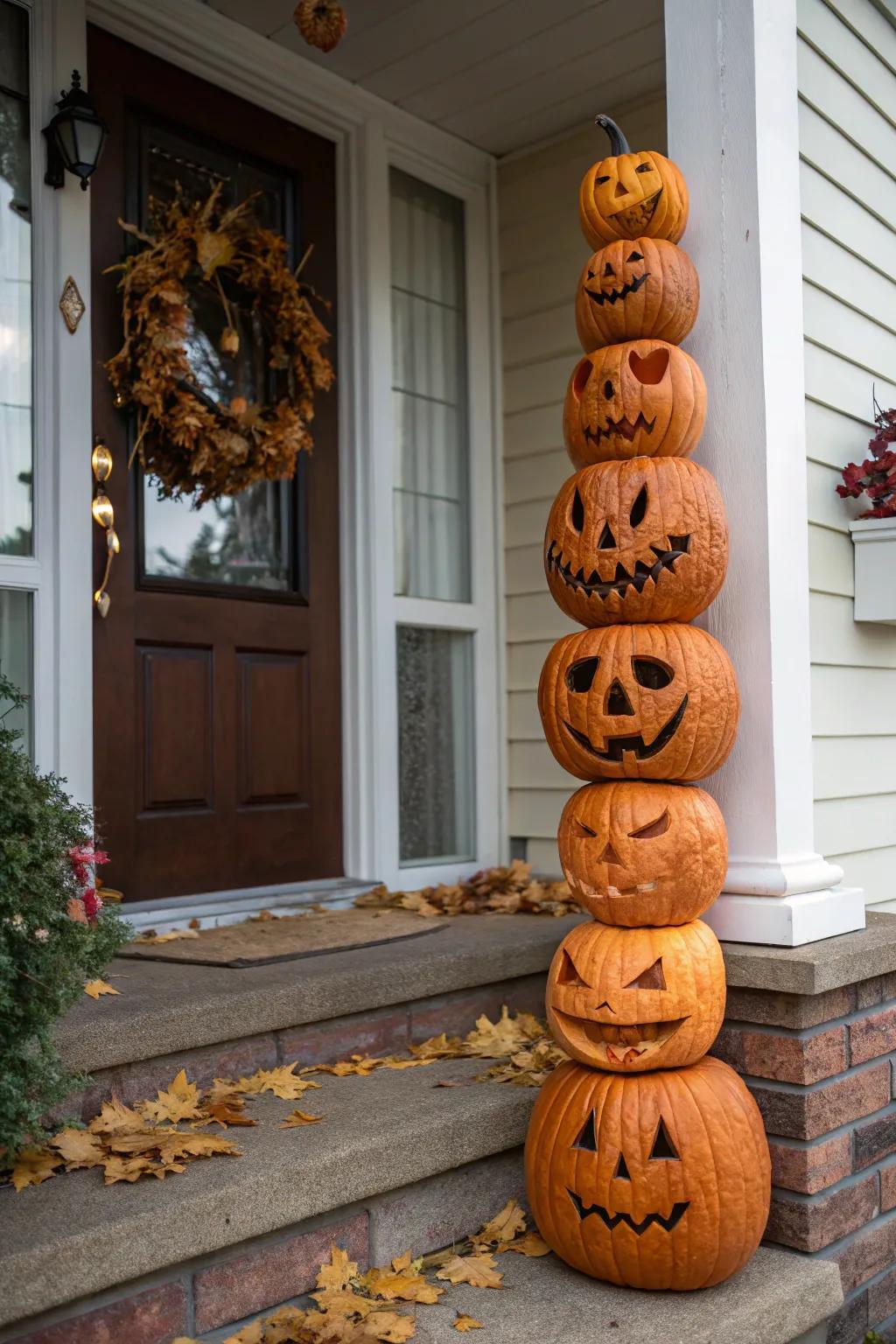 Tiered pumpkin tower creating a lively entryway.