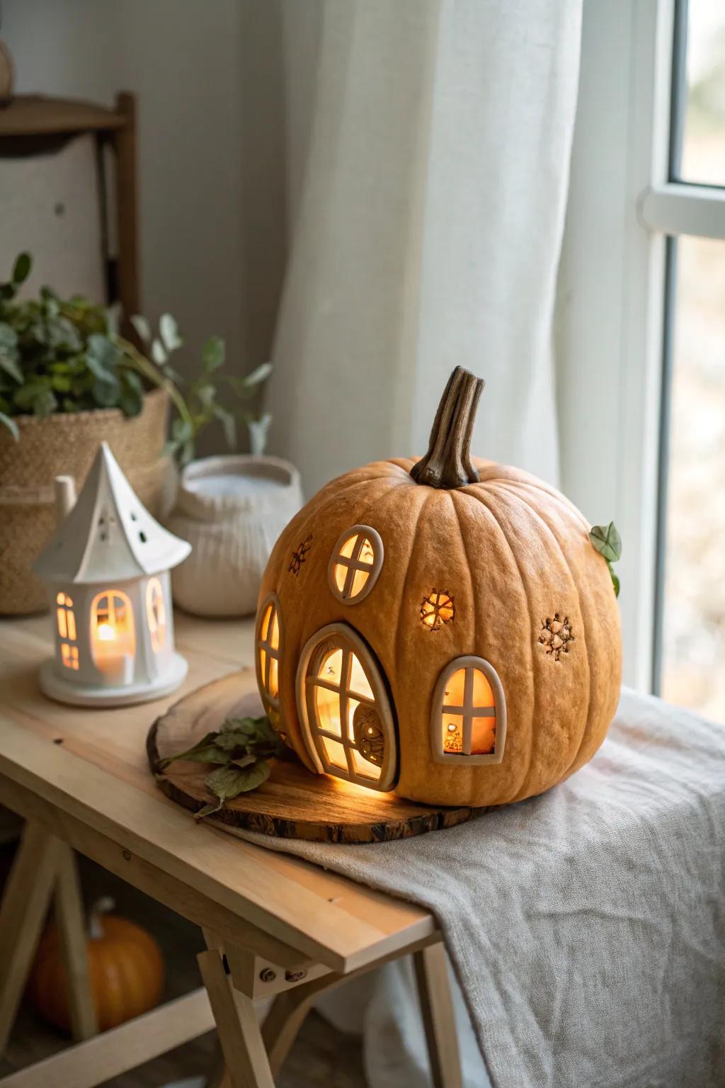 Salutations to your enchanting haven: a pumpkin fairy dwelling radiating gently in Scandinavian-Boho flair.
