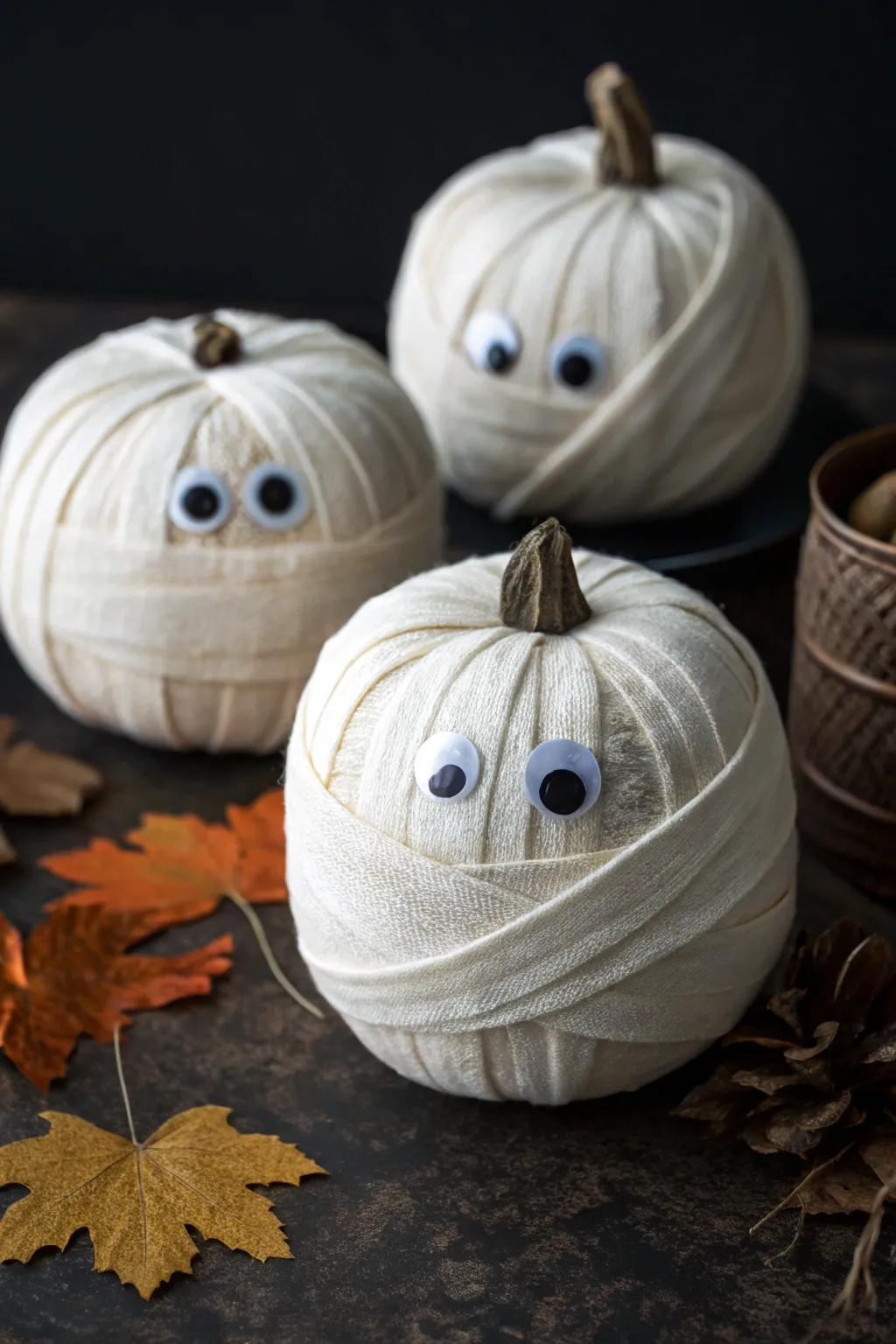 Mummy pumpkins offer a fun, no-carve decorating option.
