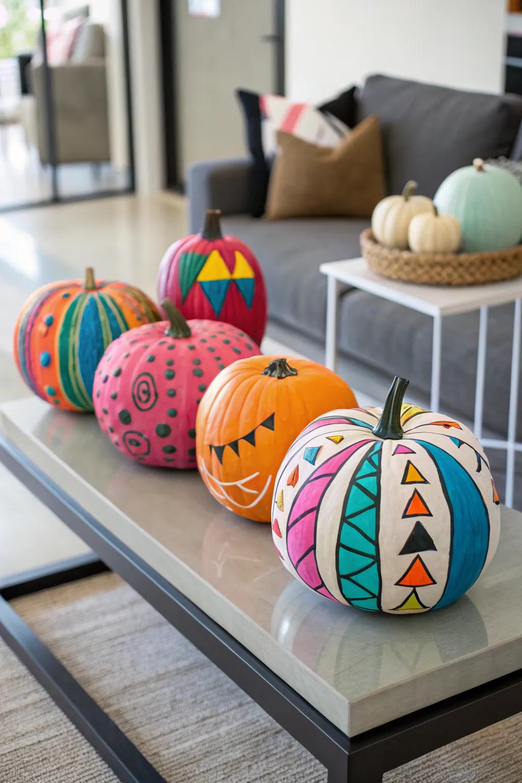 Vibrantly painted pumpkins showcasing audacious motifs.