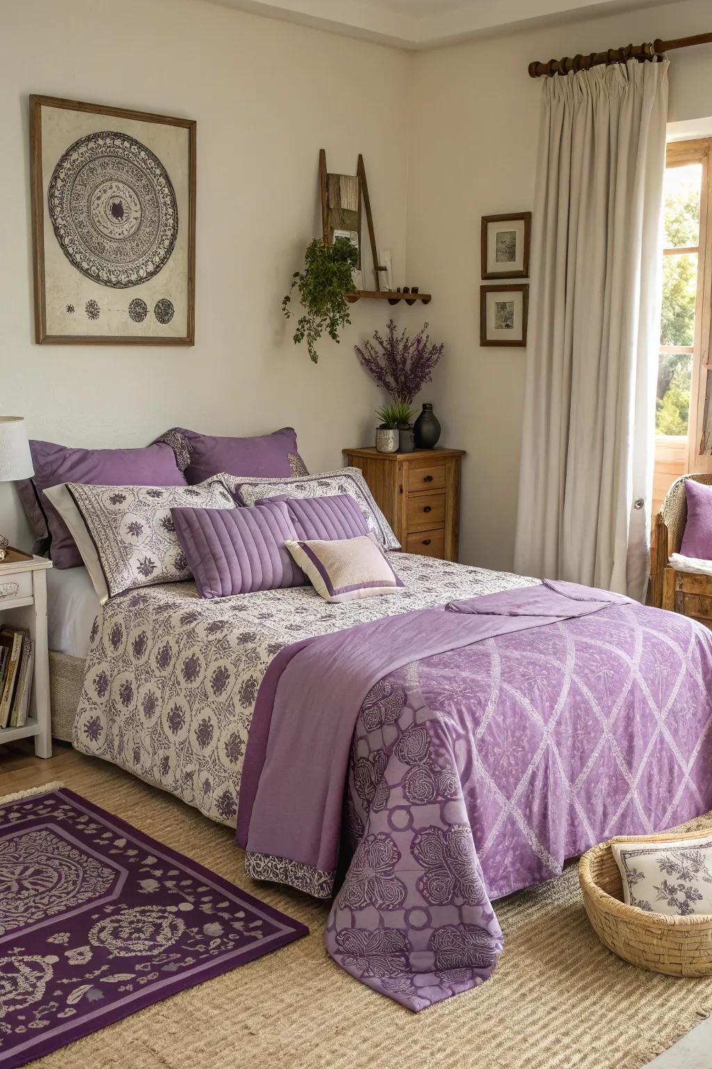 Blending designs in purple contributes vibrancy and individuality.