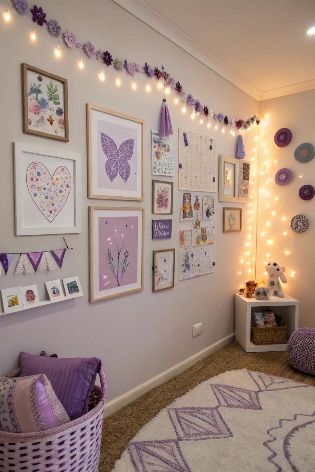 Purple-inspired surface artwork contributes style towards the space.