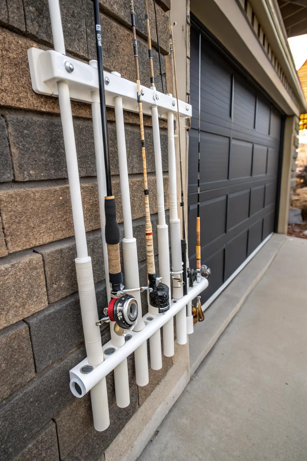Learn organizational skills: Keep your fishing poles neat with this sleek polyvinyl chloride pipe holder.