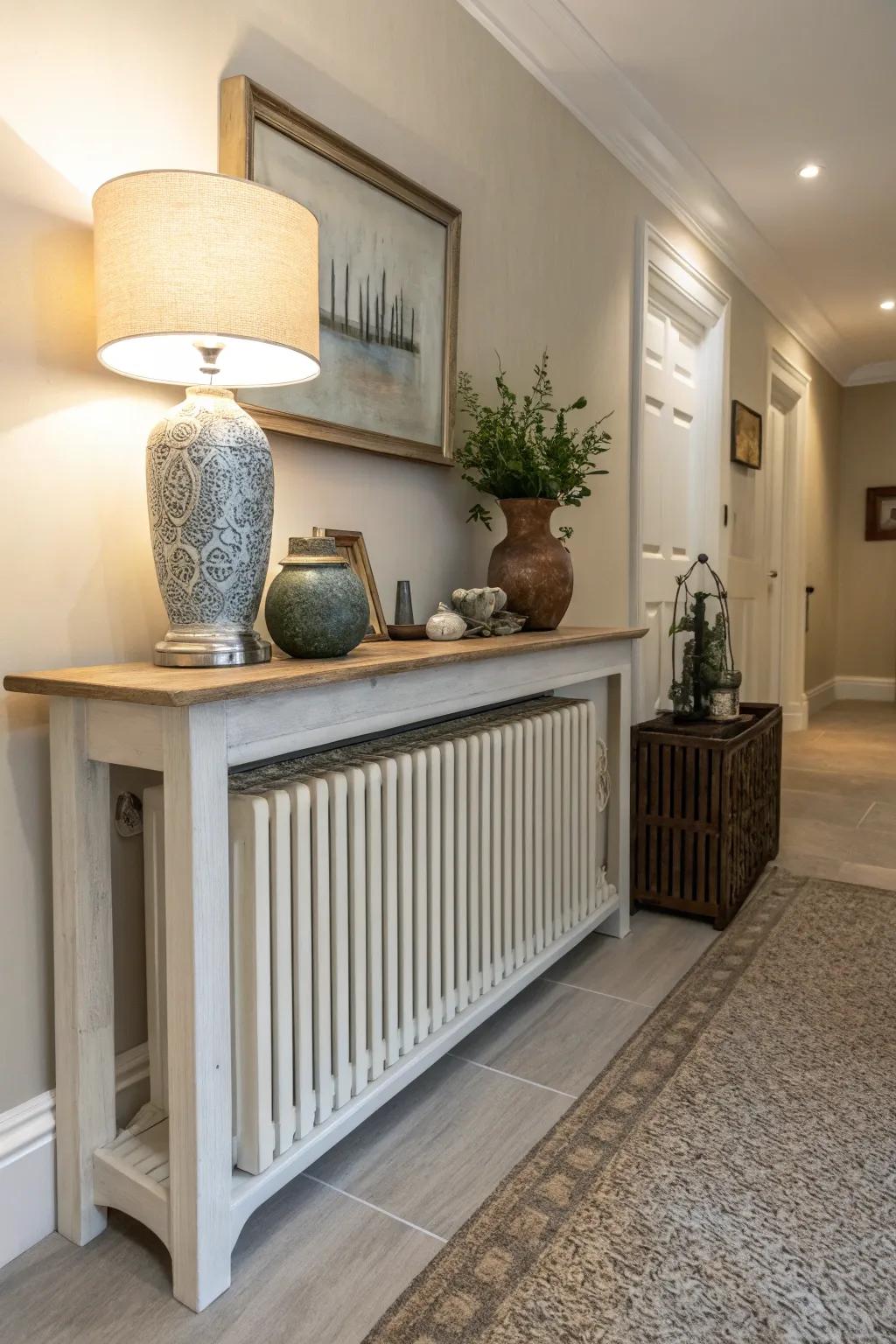A radiator face serves as a handy console table in a hallway.