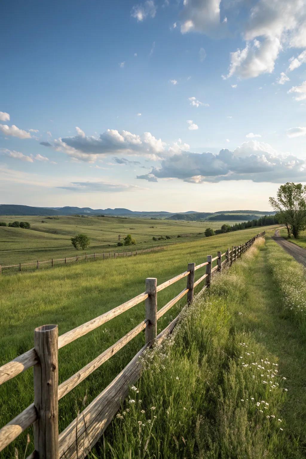 A low barrier frames the expansive pasture view.