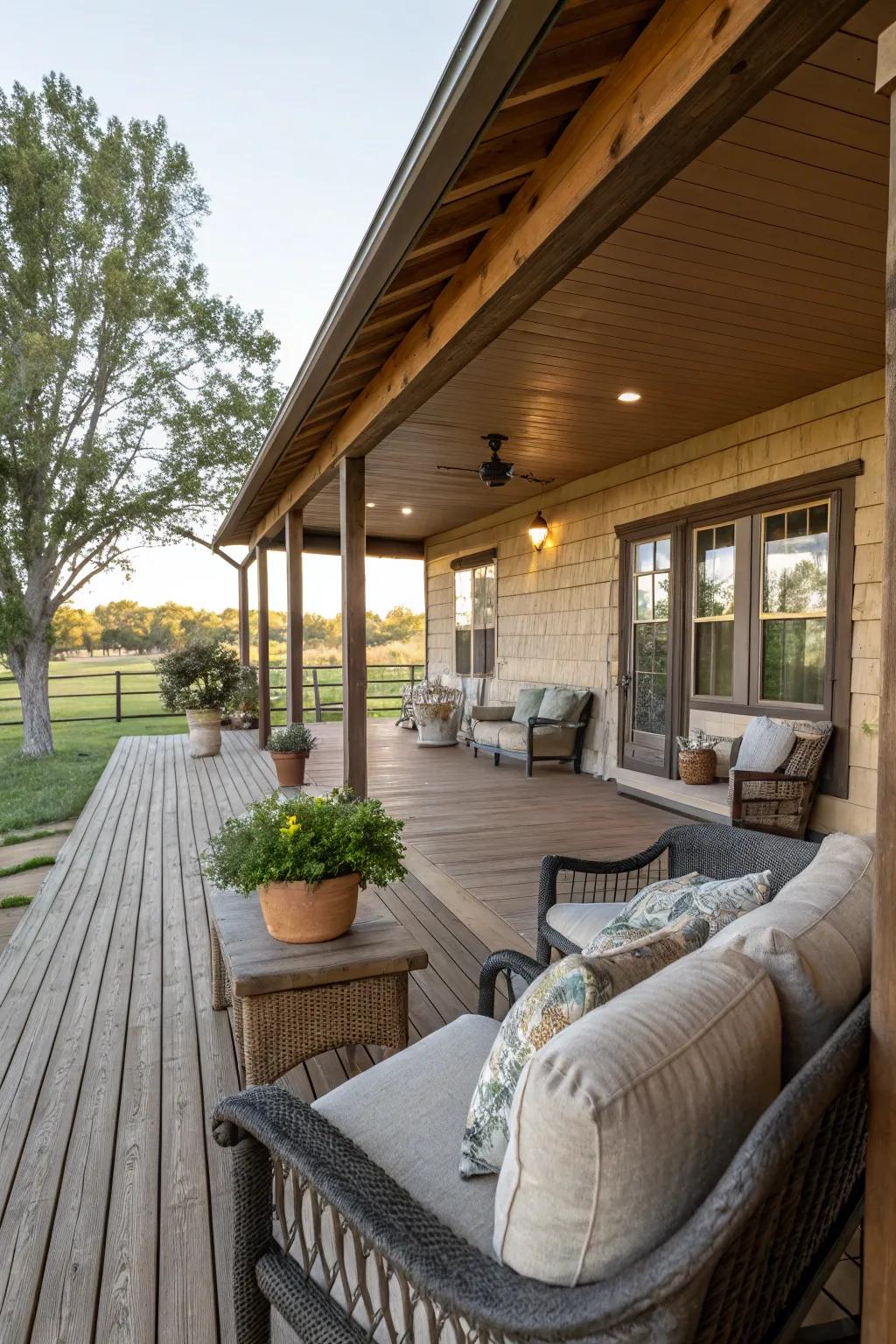 A timber veranda delivers an ideal spot for unwinding at this ranch home.