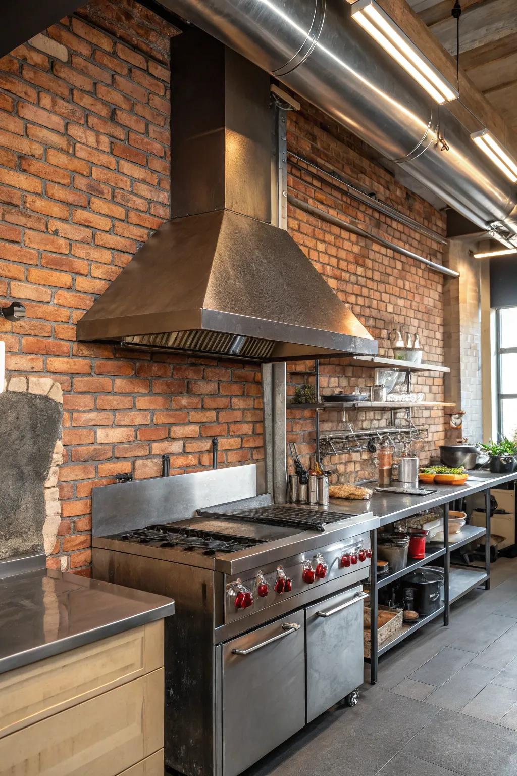 Industrial kitchen showcasing a metal vent hood and exposed brick for a trendy city feel.