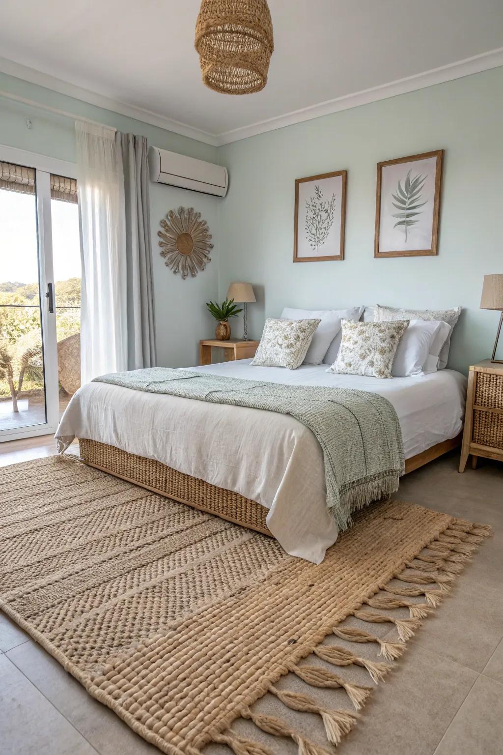 A rattan rug includes texture and warmth to your bedroom floor.