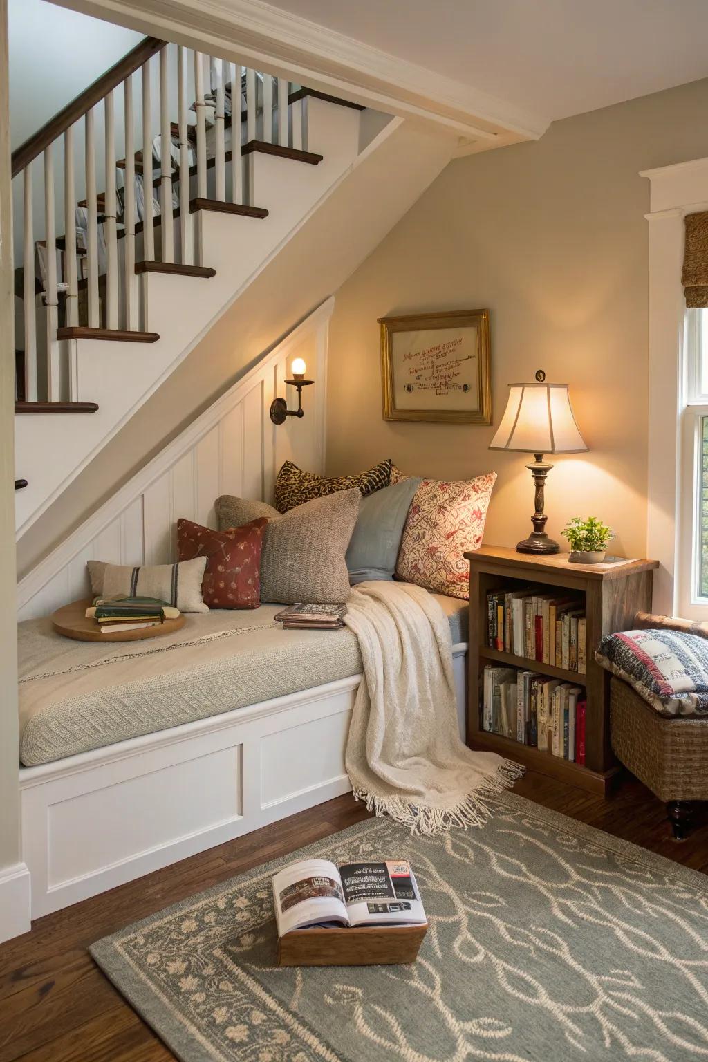A secret reading nook under the stairs, ideal for peaceful moments.