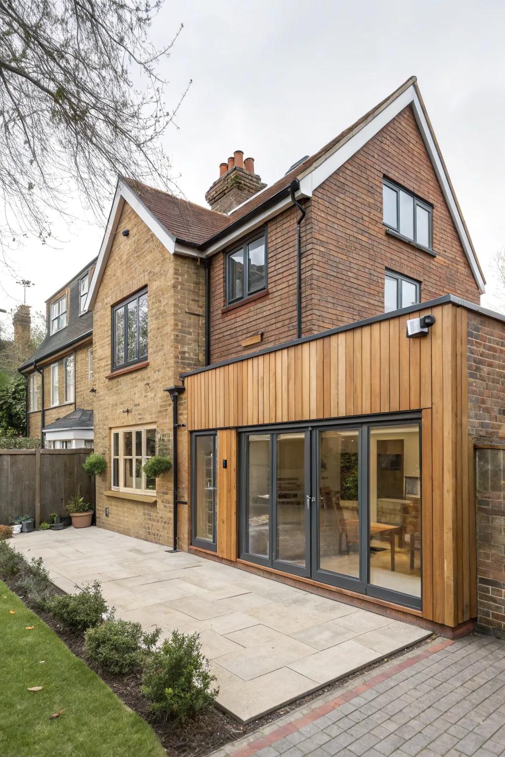 A harmonious back house addition utilizing earthy materials for a warm atmosphere.