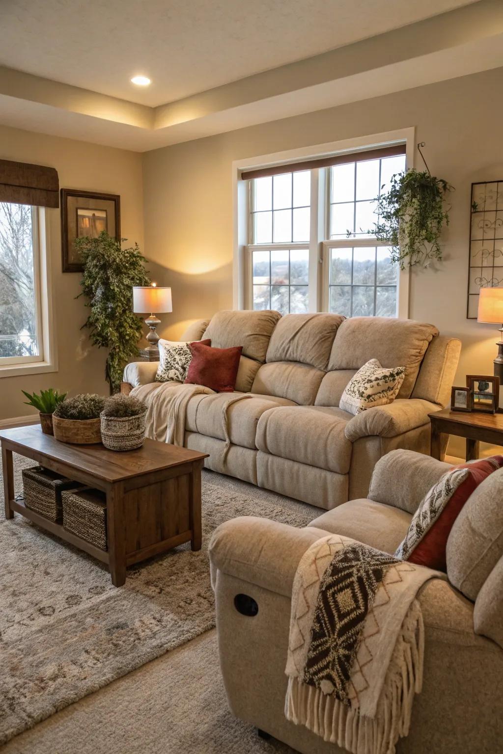 A comfortable and practical living room design centered around a roomy recliner sofa.