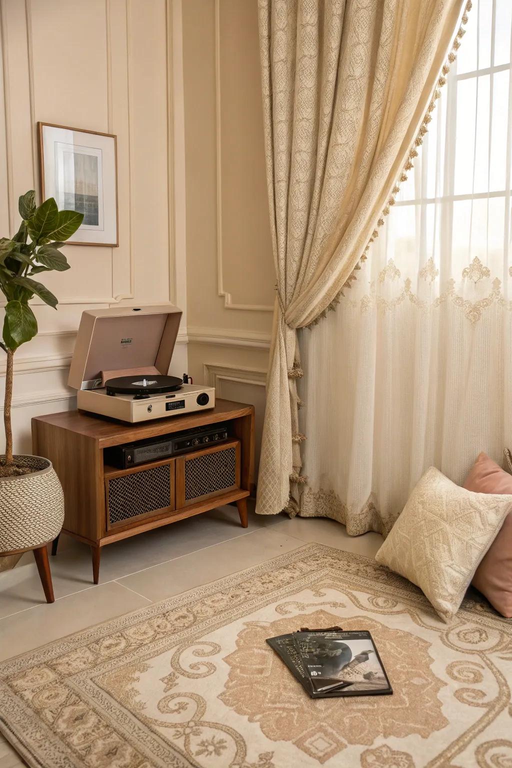 A color-coordinated record player setup ensuring a unified style.