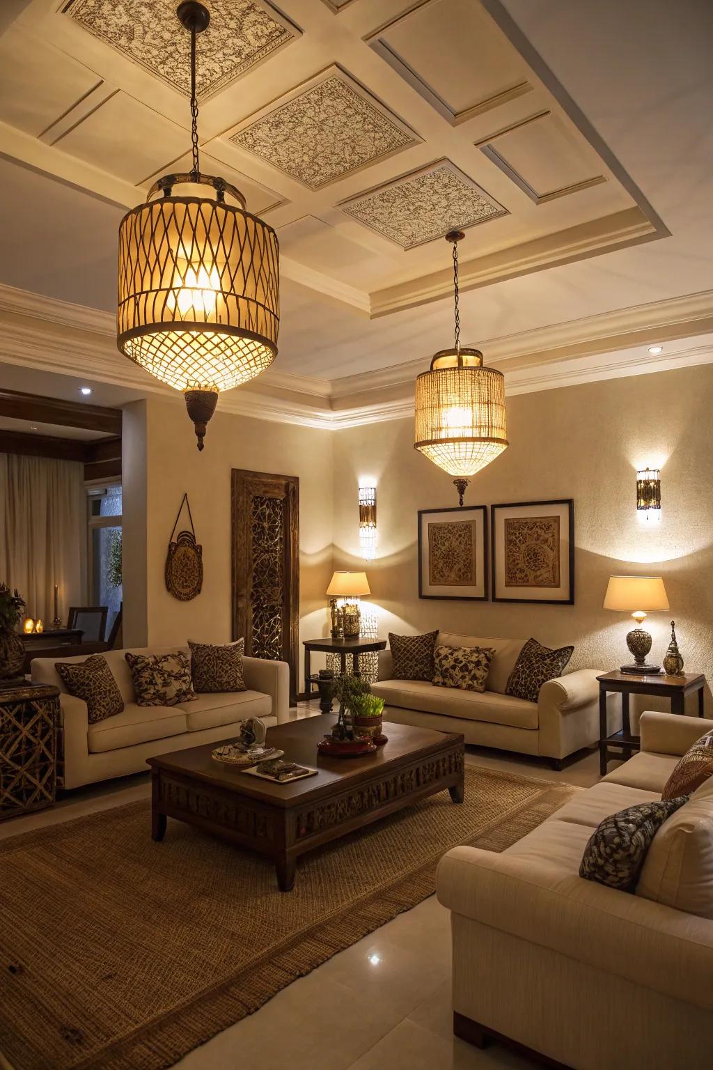 Staggered illumination enhances the ambiance and complexity of the space.