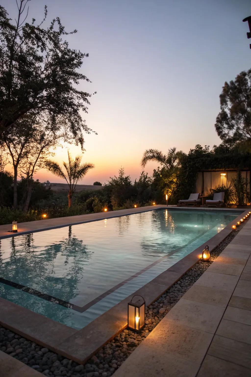 Subtle lighting transforms the pool area into a nighttime sanctuary.