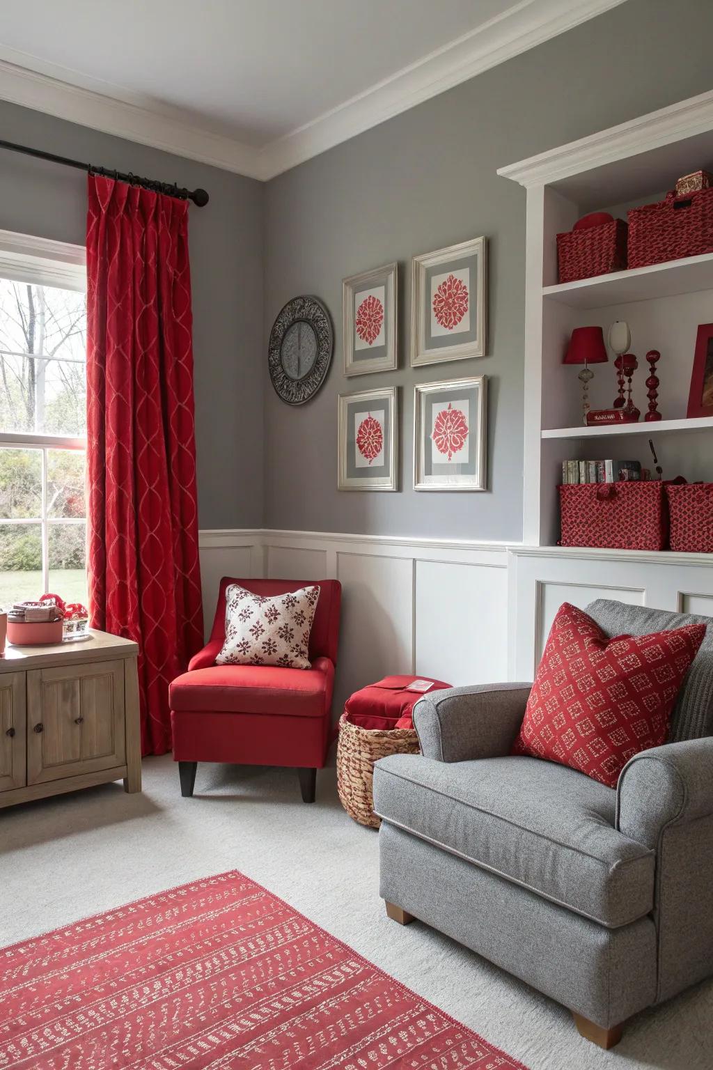 A room styled with a grey foundation and dynamic red elements.