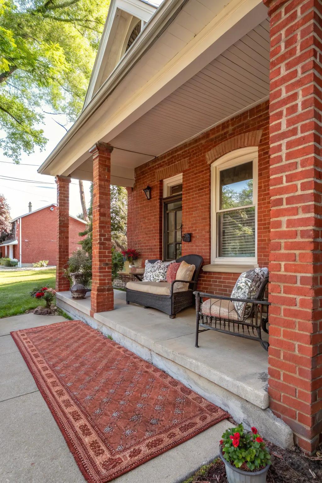 A stylish outdoor rug adds color and comfort to a red brick porch.