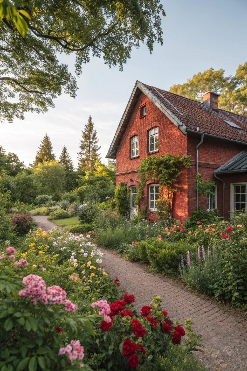 Stunning landscaping elevates the allure of this red brick house.