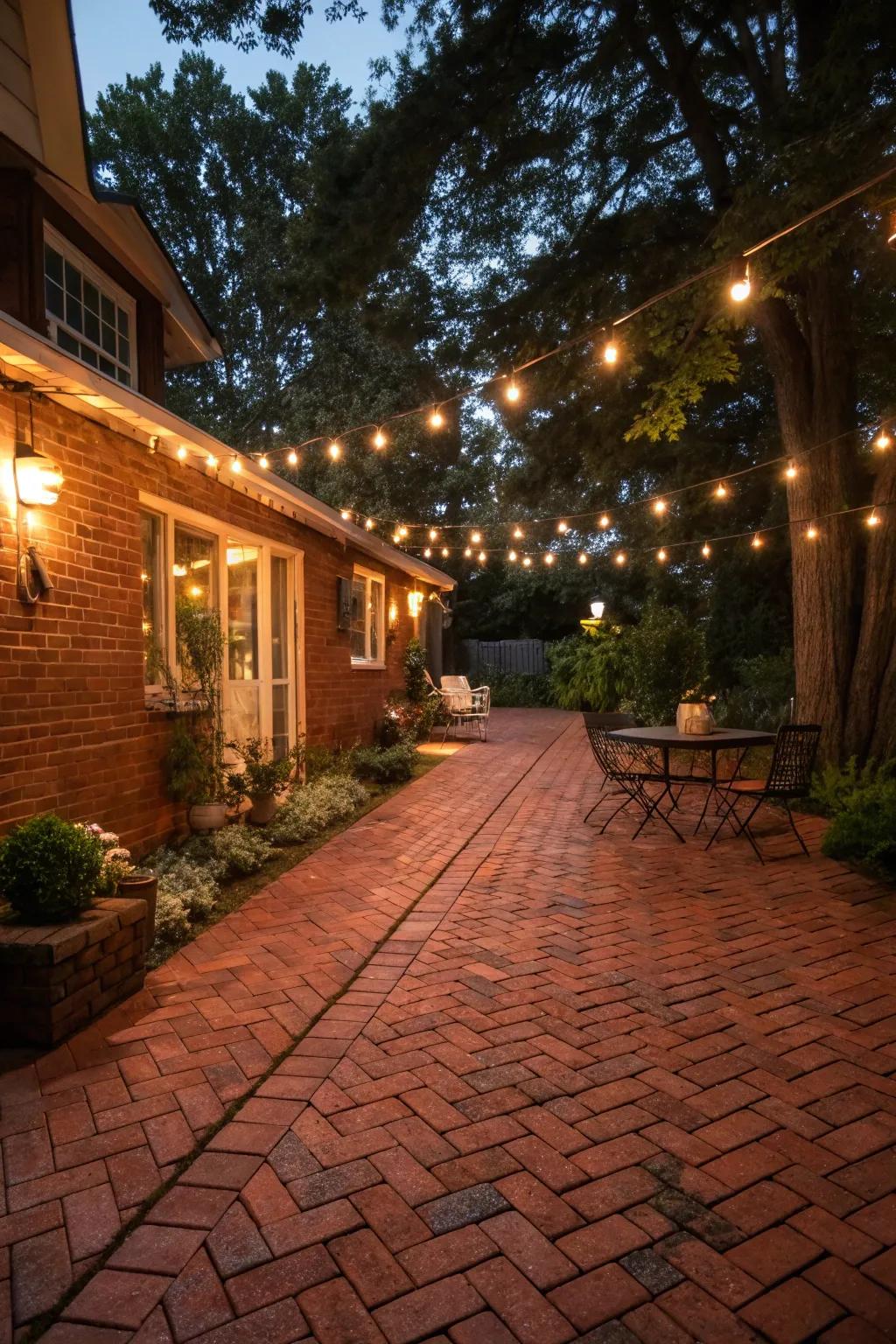 A red brick patio beautifully lit with string lights