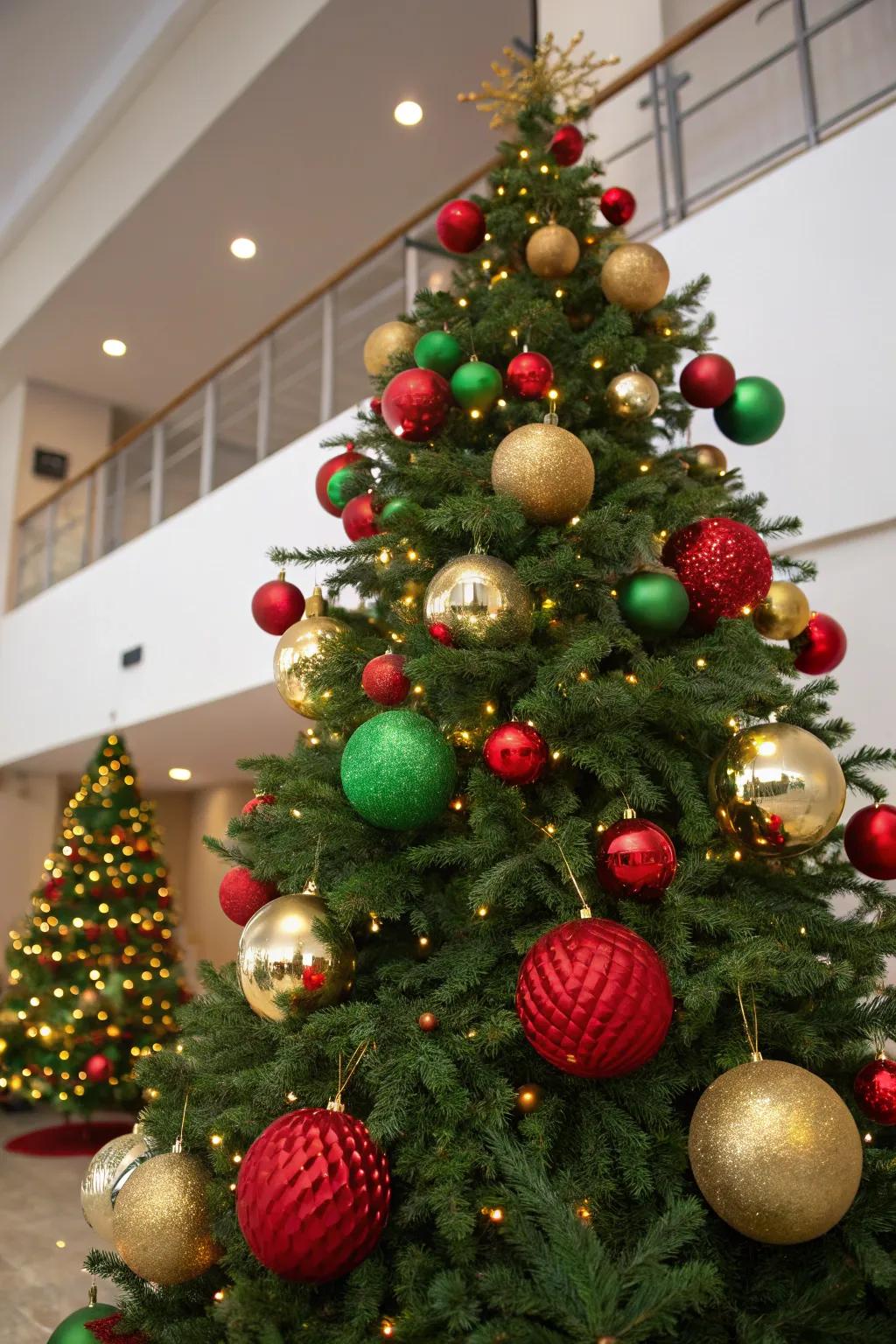 Enormous ornaments create a bold statement on this festive tree.