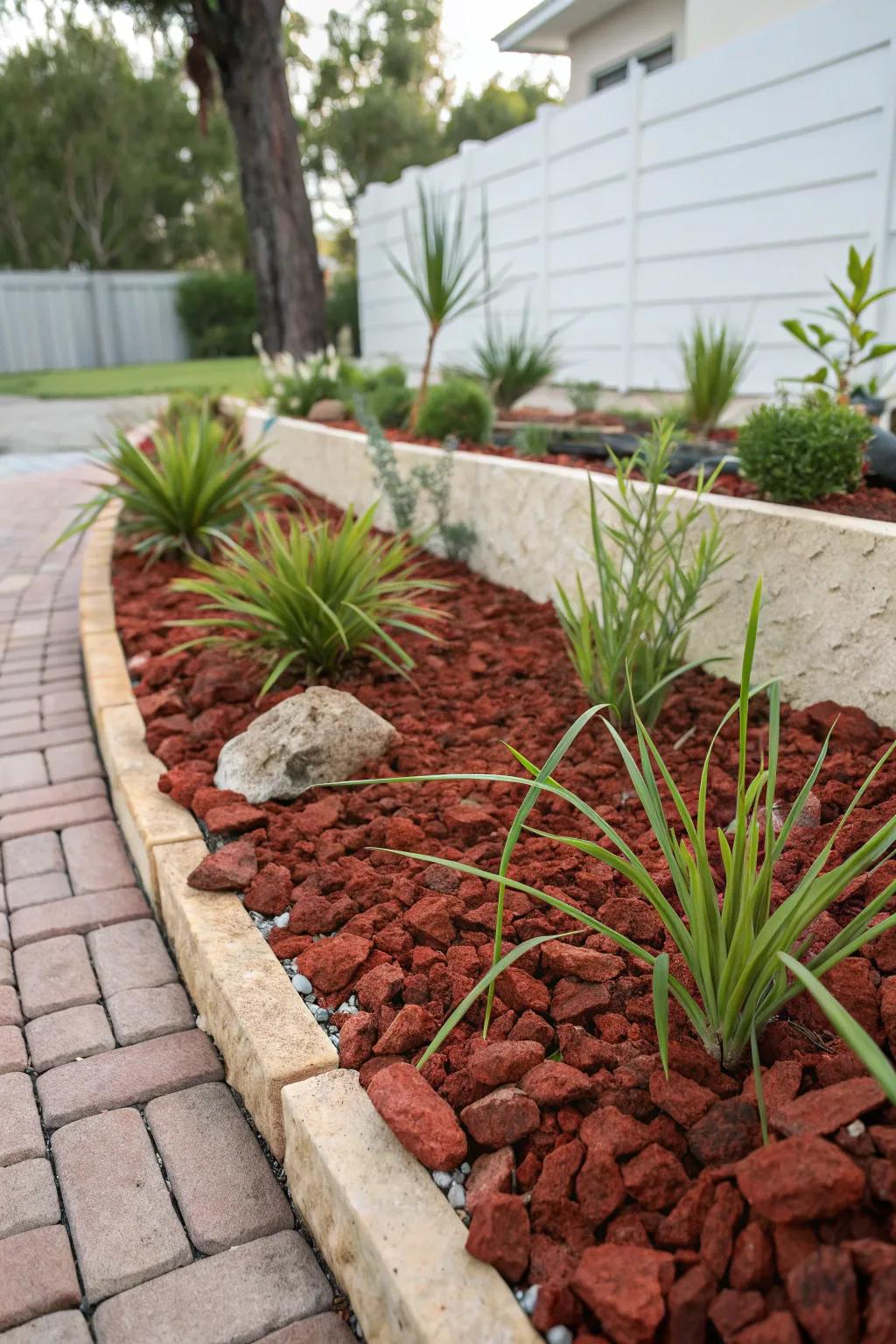 Crimson volcanic stones act as a simple-care mulch, minimizing weeds.